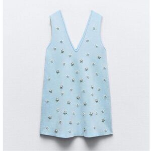 Zara Sky Blue Mini Dress with Floral Details